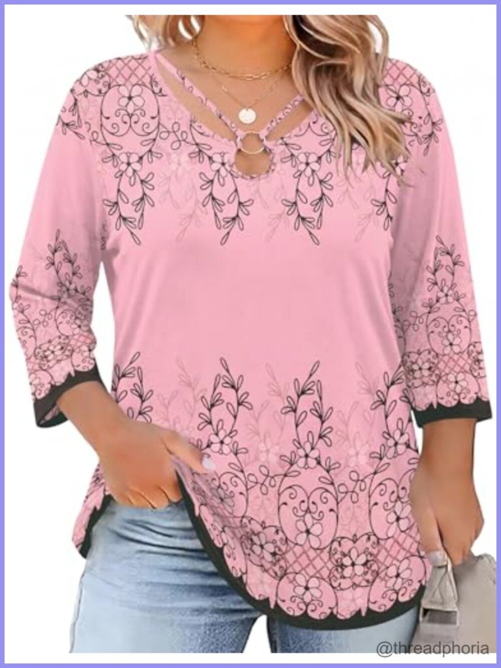Womens Plus Size Tunic Top 3/4 Sleeve Keyhole V-Neck Loose Fit Polyester Rayon